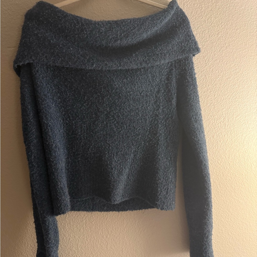 silence + noise Navy Off-Shoulder Plush Knit Sweater